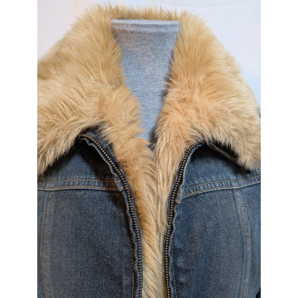 Boho Western Cowgirl Y2K Penny Lane Denim Faux Fur Lined M Trucker Zip Jacket - Picture 3 of 13